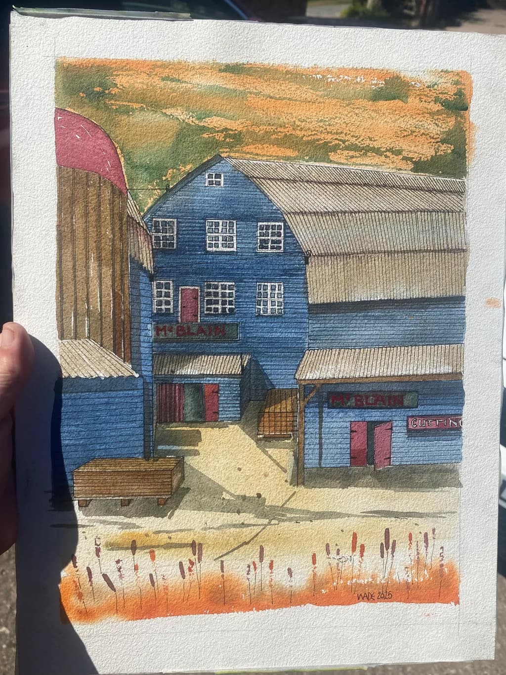 Vibrant Watercolor Landscape: Rural Architecture in Blue Hues