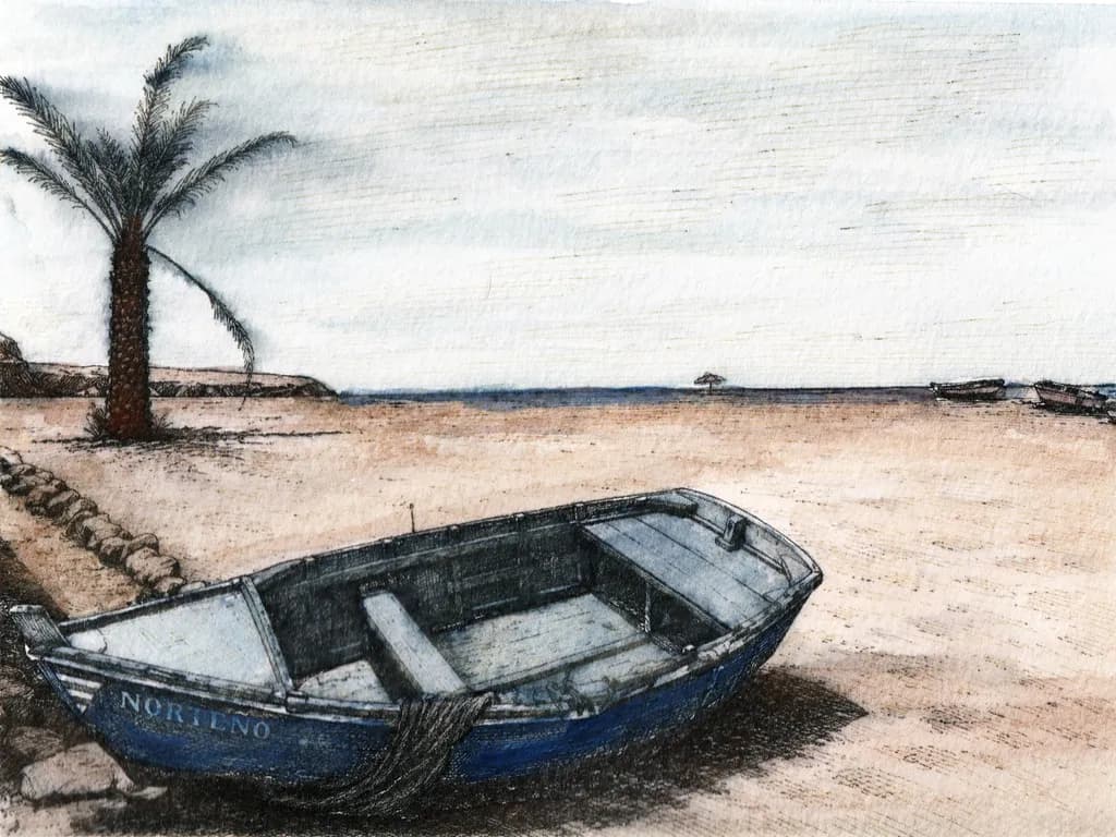 Lonely Blue Boat and Palm Tree