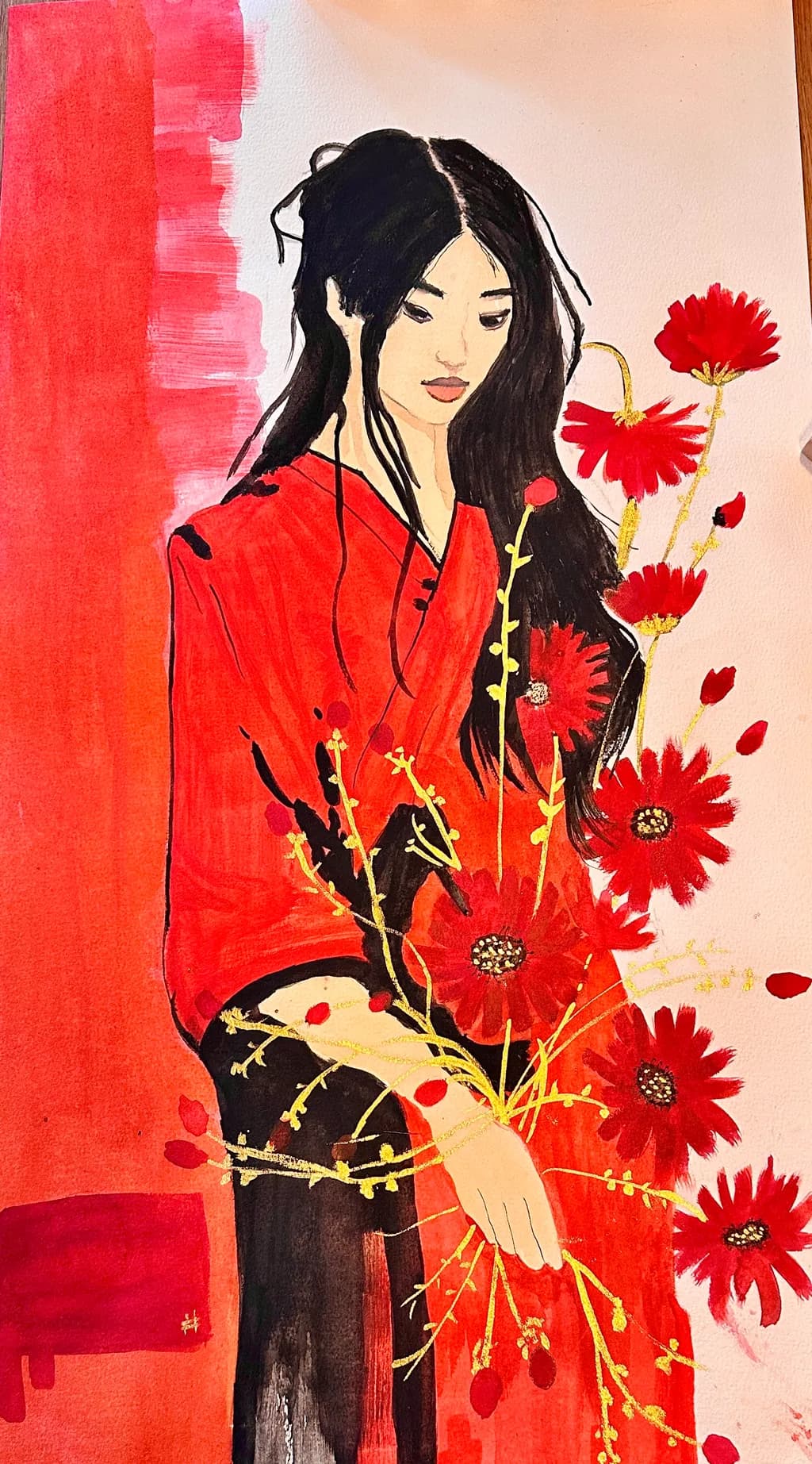Whispers of Red: A Portrait of Beauty and Floral Expression