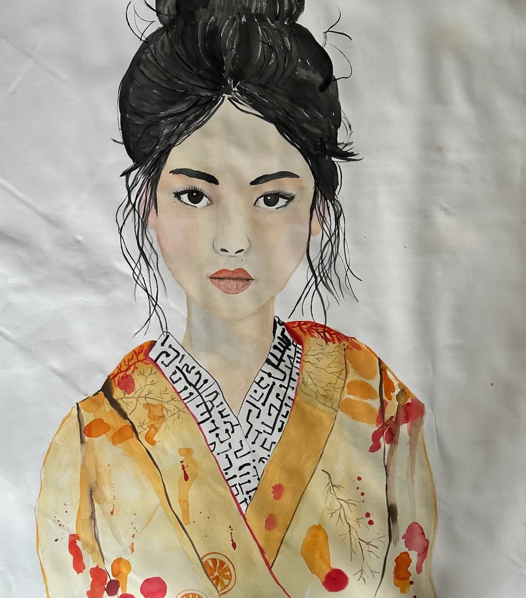 Whispers of Elegance: A Watercolor Portrait in Kimono Beauty