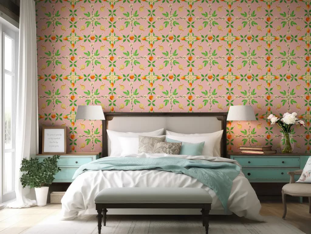 Whimsical Citrus Blossom: A Vibrant Floral Wallpaper Design for Cheerful Interiors