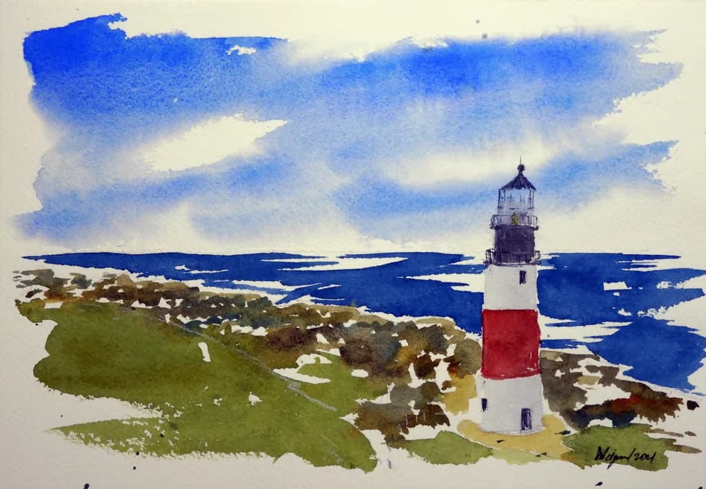 Guiding Light: A Whimsical Watercolor Journey to the Coastline Lighthouse