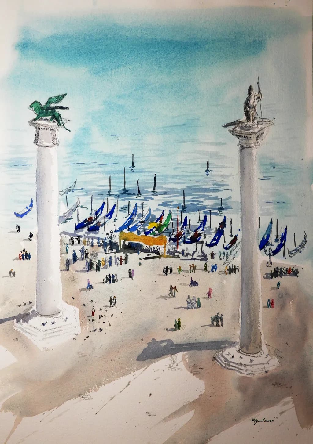Seaside Serenity: A Watercolor Escape to Beachside Bliss with Boats and Columns