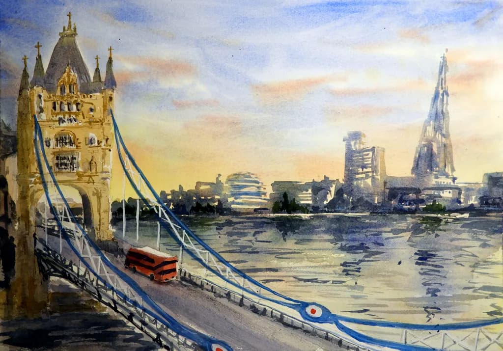 London's Skyline Serenade: A Watercolor Journey Across the Tower Bridge