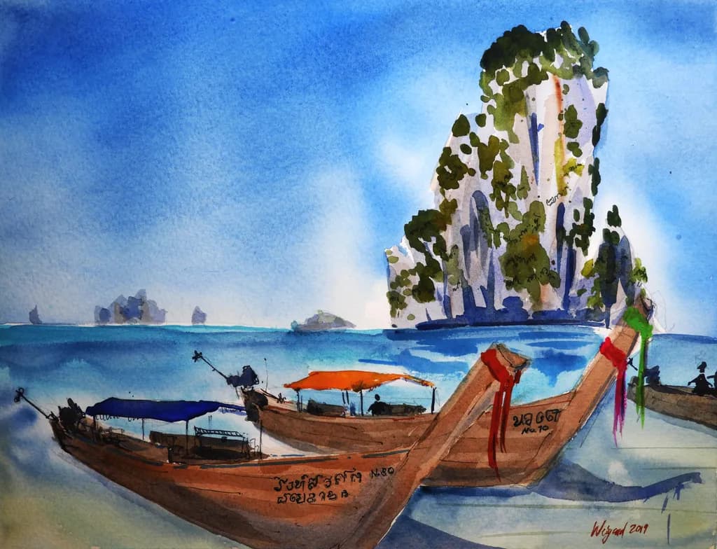 Serene Shores: A Whimsical Watercolor Journey Through Thailand's Coastal Beauty