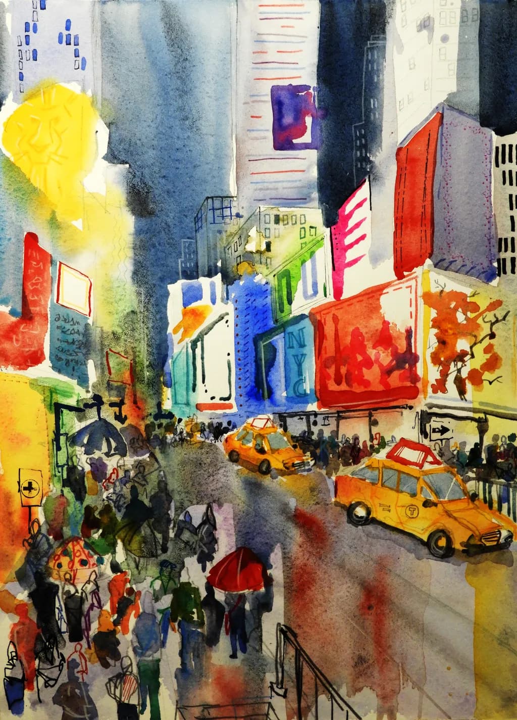 City Lights and Yellow Cabs: A Vibrant Watercolor Journey Through Urban Life