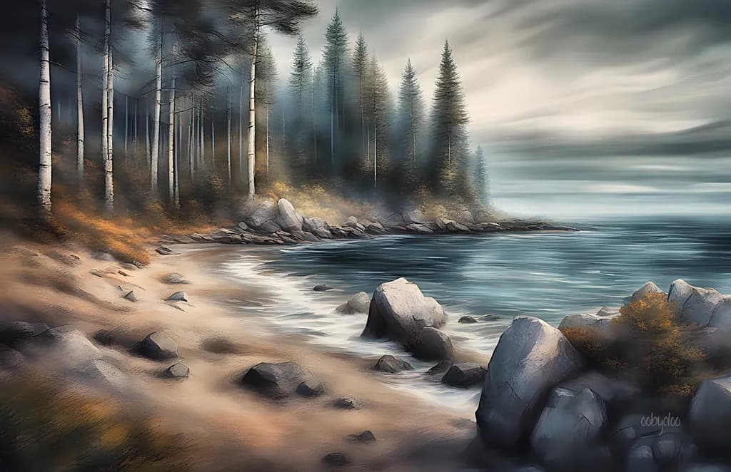 Serene Coastal Escape: A Moody Forest Landscape at the Water's Edge