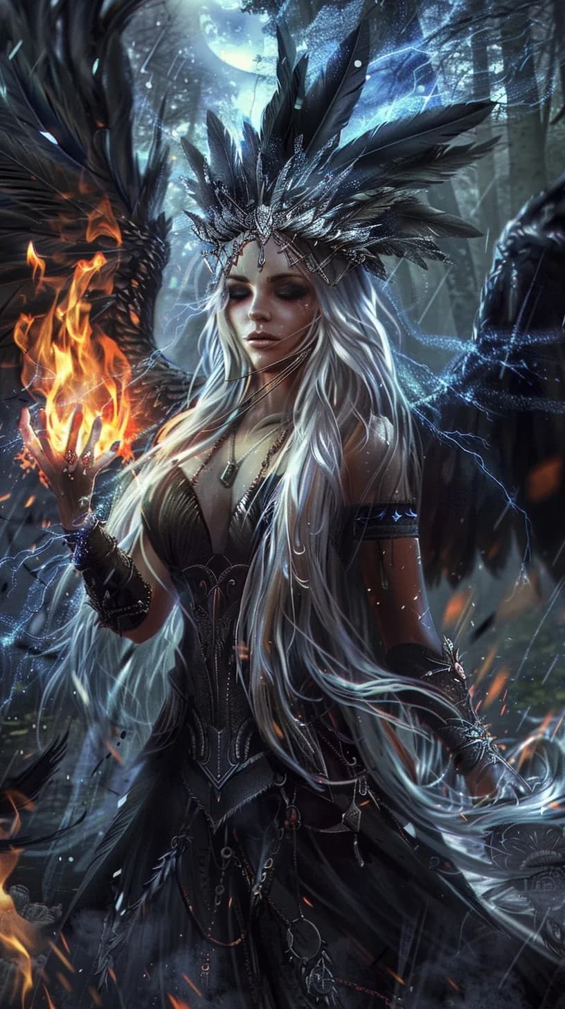 Ethereal Sorceress: Embracing Fire and Shadow in a Mystical Forest