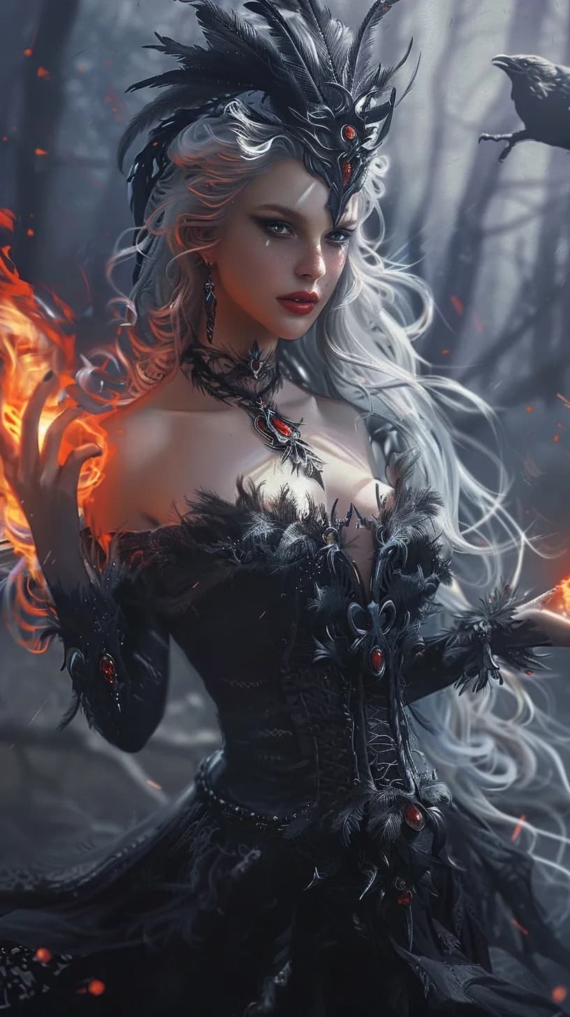 Enchanted Shadows: The Fire-Wielding Sorceress of the Dark Forest