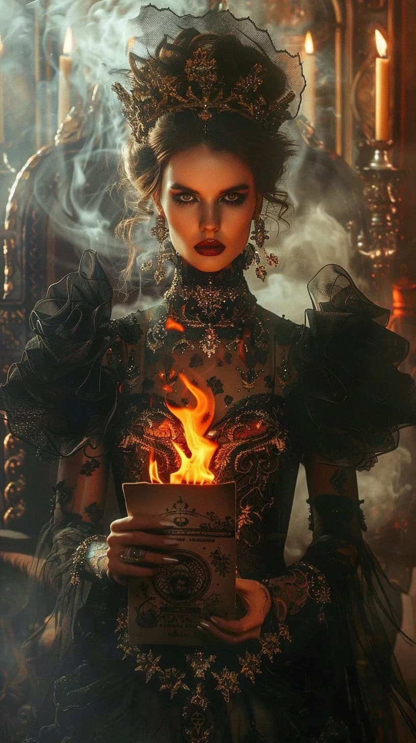 Enigmatic Elegance: The Fiery Sorceress of Shadows and Secrets