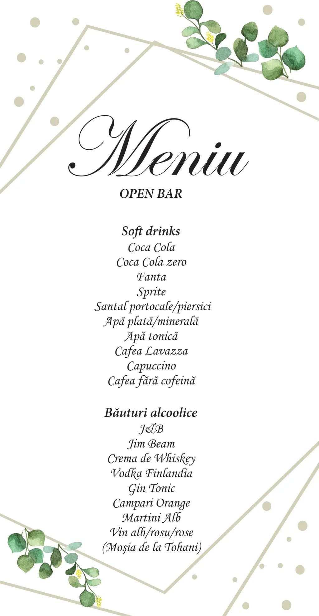 Elegant Open Bar Menu: A Refreshing Selection of Soft and Alcoholic Beverages
