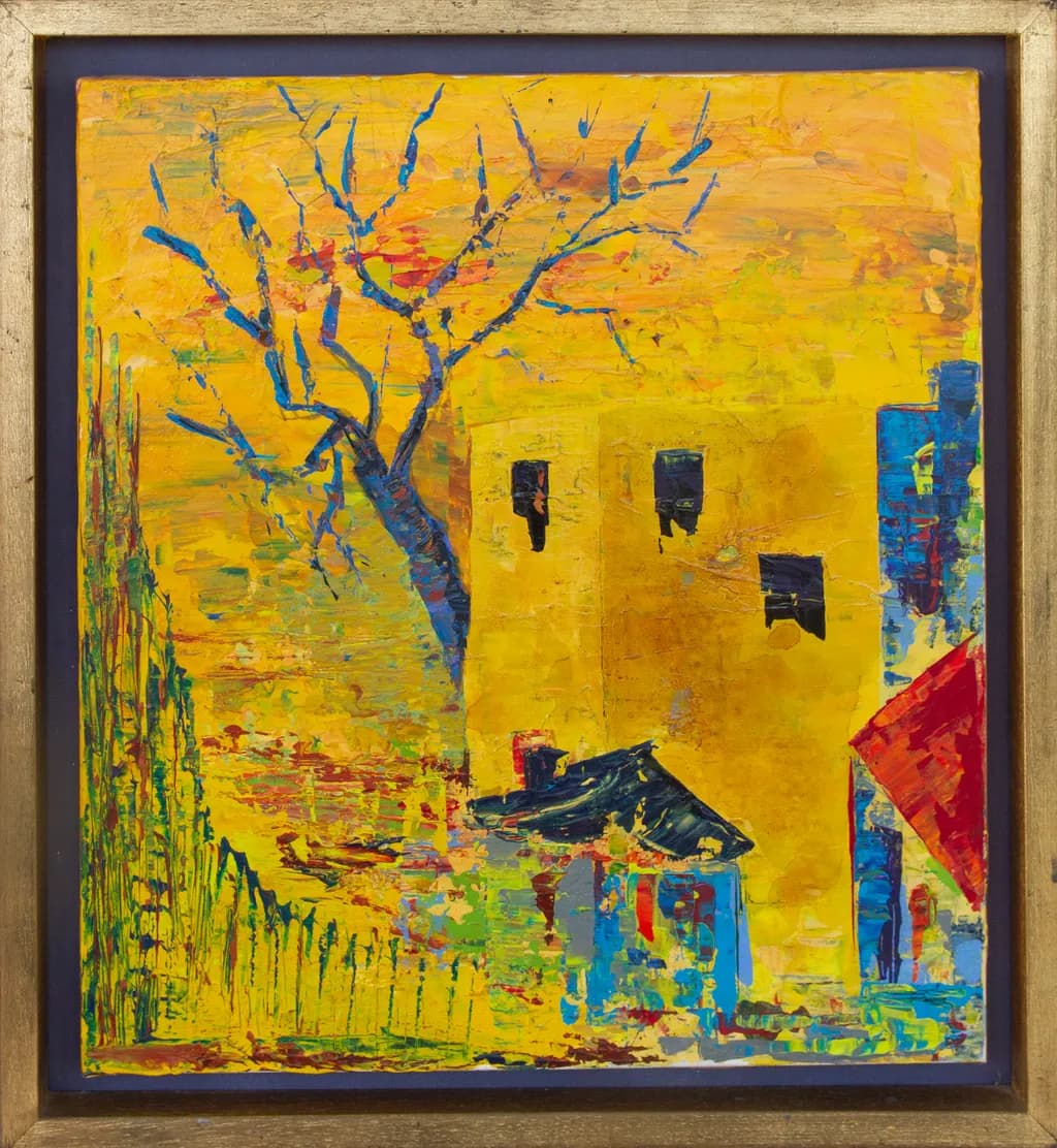 Vibrant Echoes of Autumn: An Abstract Landscape of Colorful Trees and Buildings