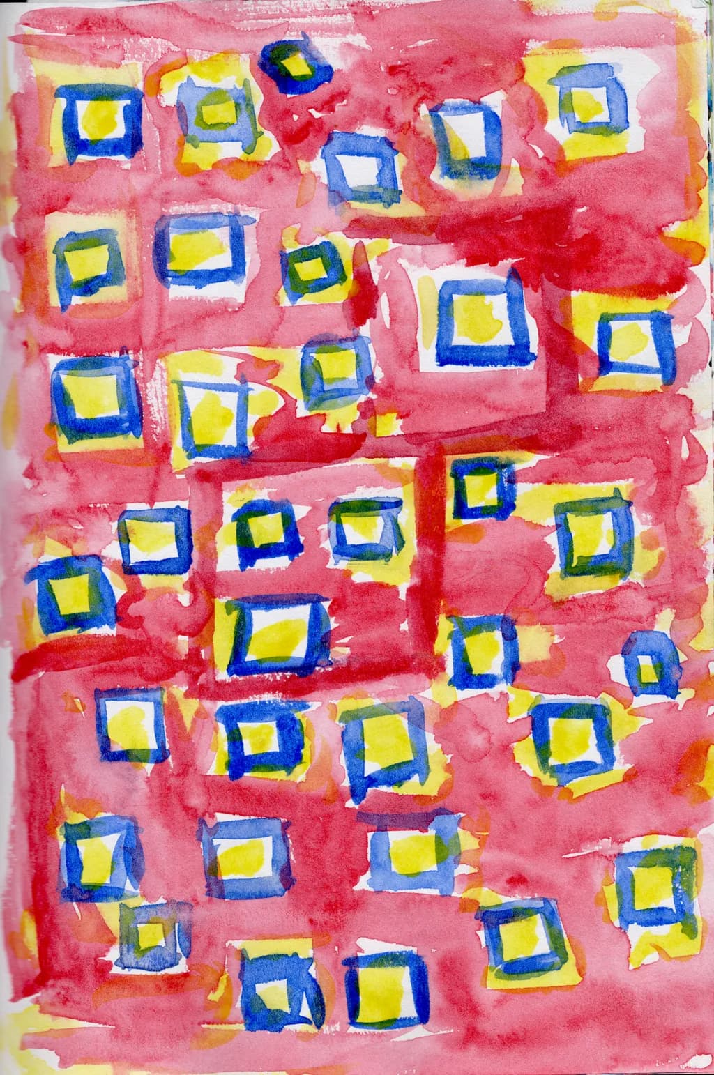 Vibrant Geometry: A Dance of Colorful Squares on a Bold Red Canvas