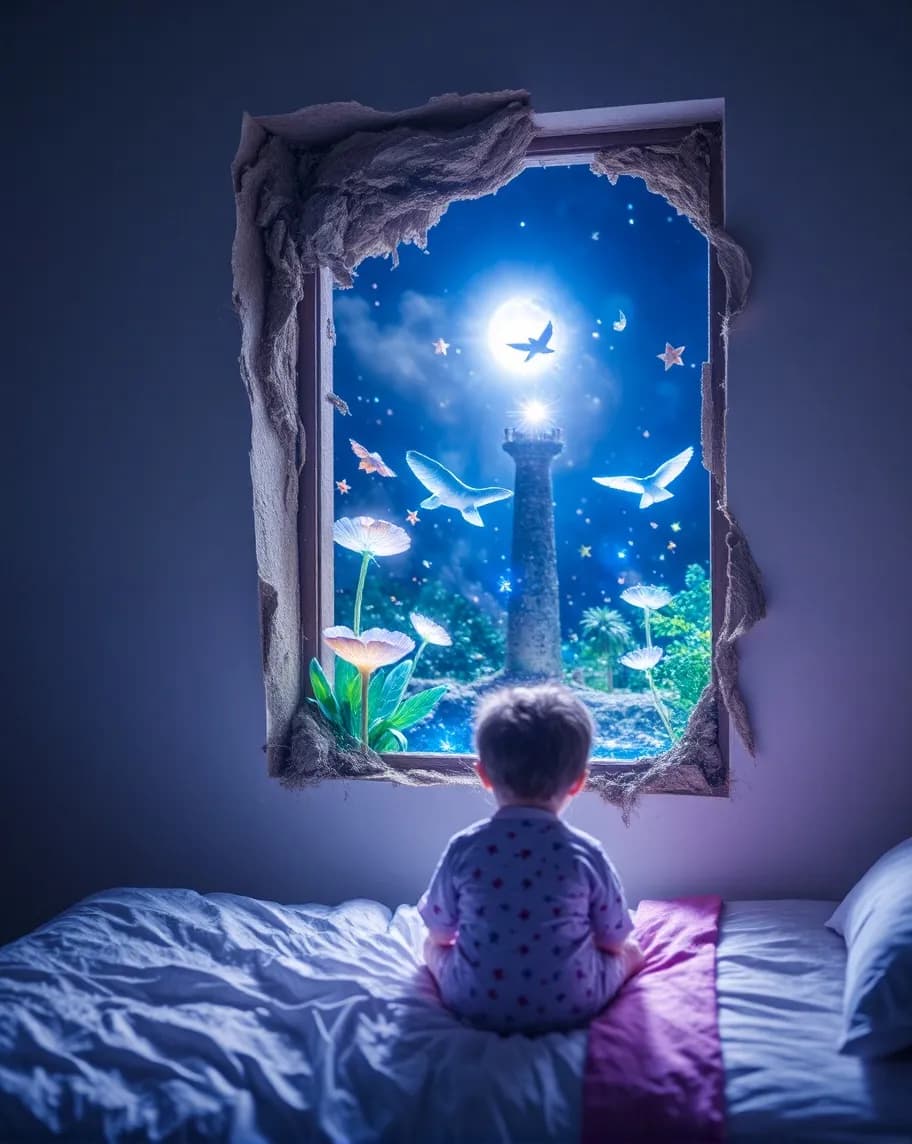 Whispers of Imagination: A Dreamy Nighttime Exploration Through a Child's Eyes