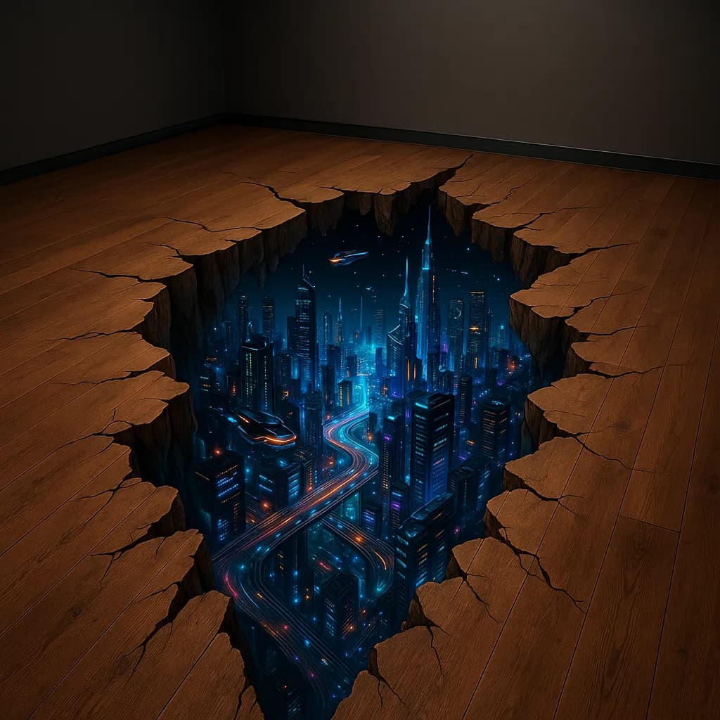 Urban Illusion: A Journey Through the Cracked Cityscape of Tomorrow