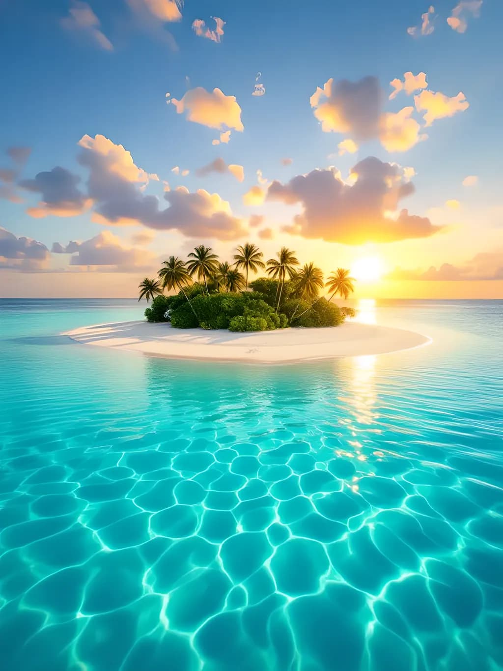 Whispers of Serenity: A Tranquil Island Sunset Embraced by Crystal Waters