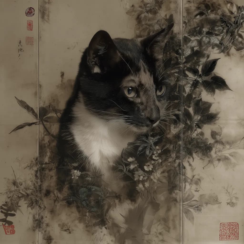 Whispers of Elegance: A Portrait of a Cat Amidst Floral Dreams