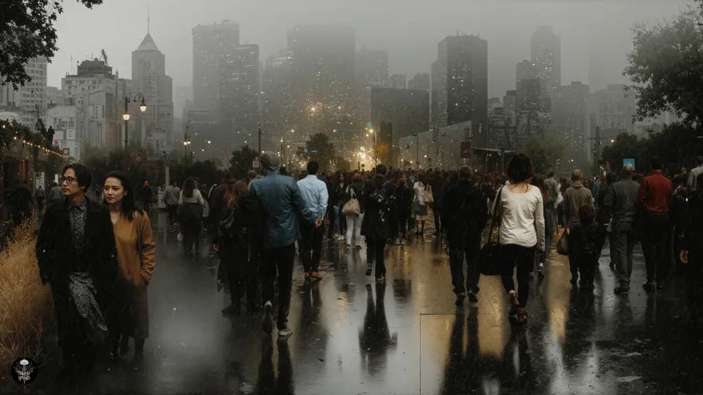 Echoes of Elegance: A Rainy Urban Tapestry of Human Connection and Historical Reflection