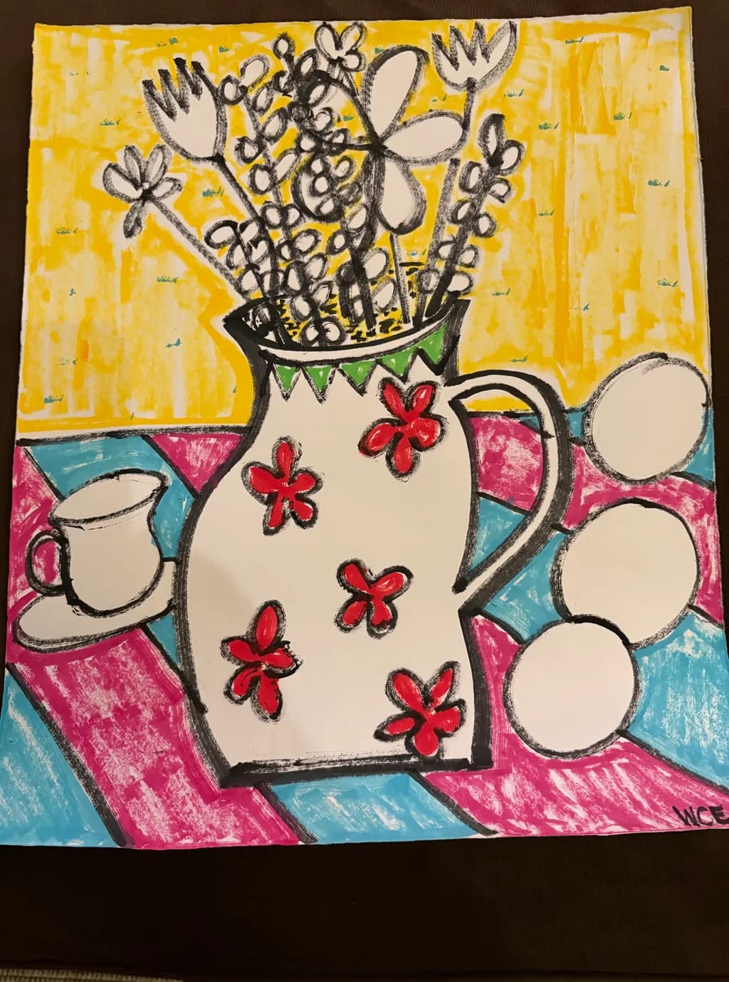 Vibrant Still Life: Whimsical Flowers in a Pitcher with Eggs and Cup
