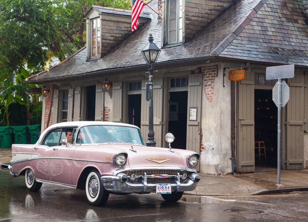 Vintage Charm: A Classic 1957 Pink Chevrolet in the Heart of New Orleans