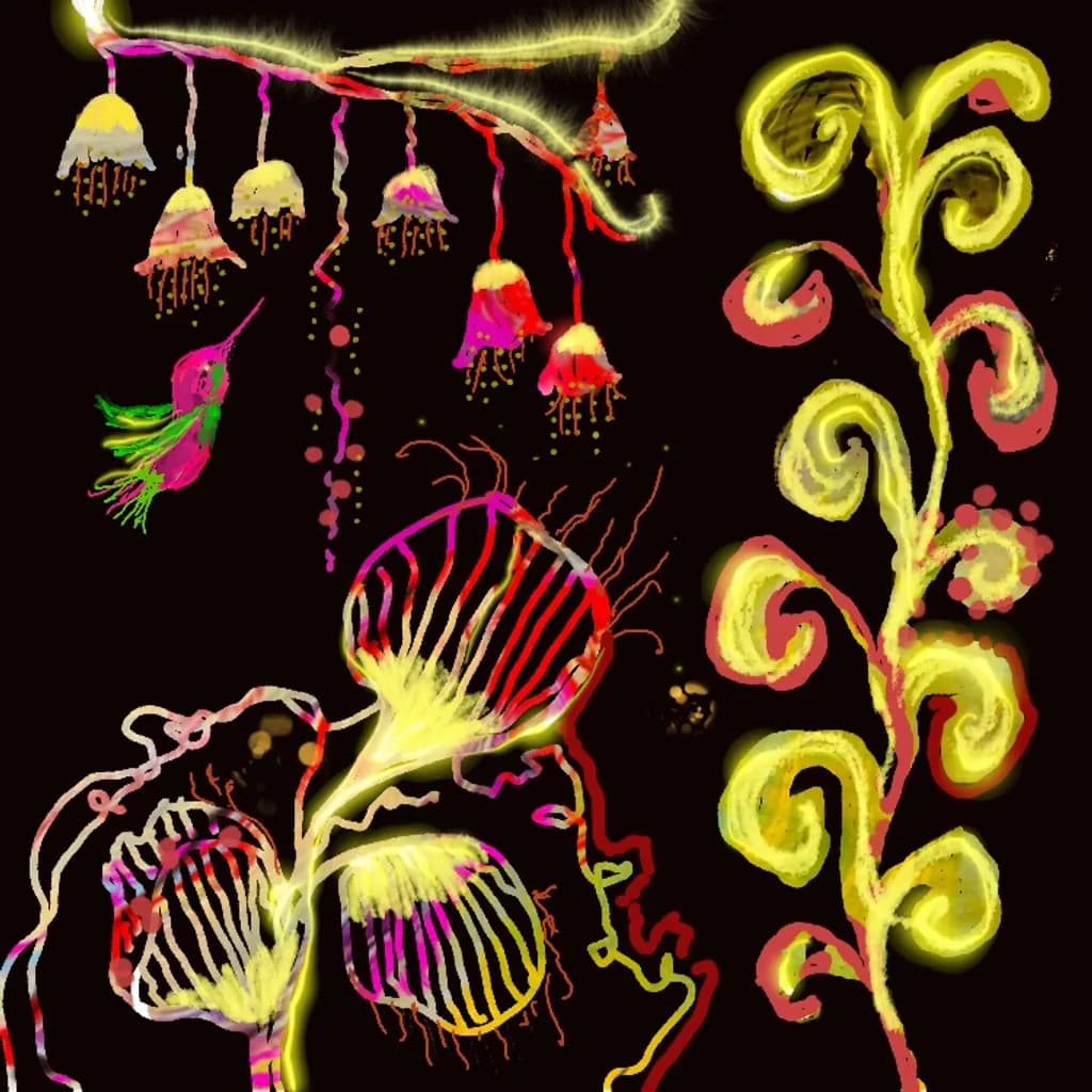 Luminescent Flora and Hummingbird