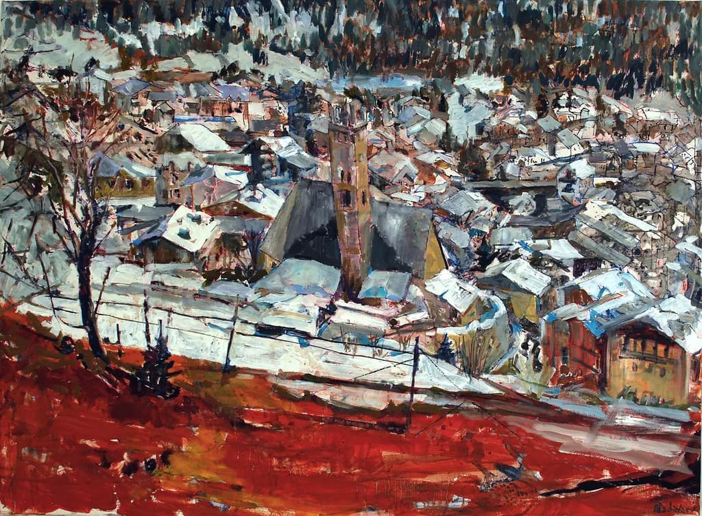 Whispers of Change: Spring's Last Snow Over the Village