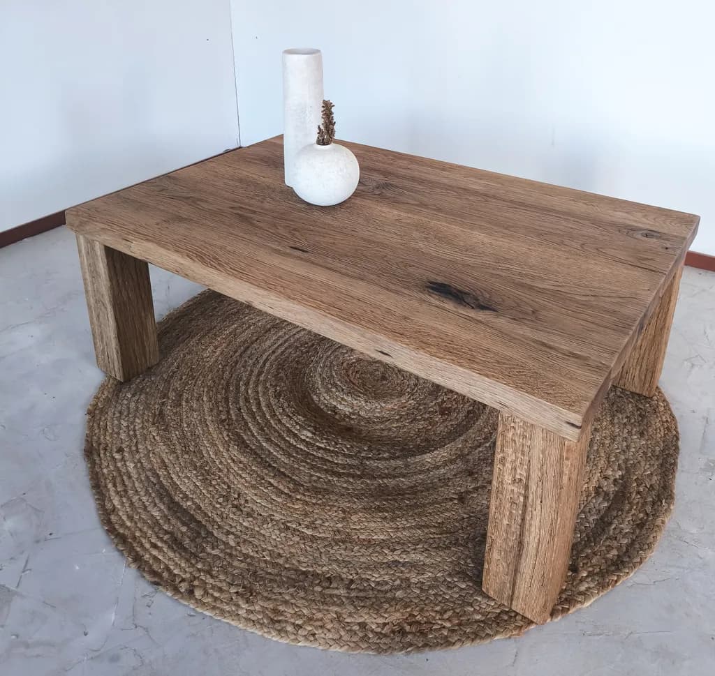 Rustic Elegance: Handcrafted Wooden Coffee Table with Natural Finish and Textured Base