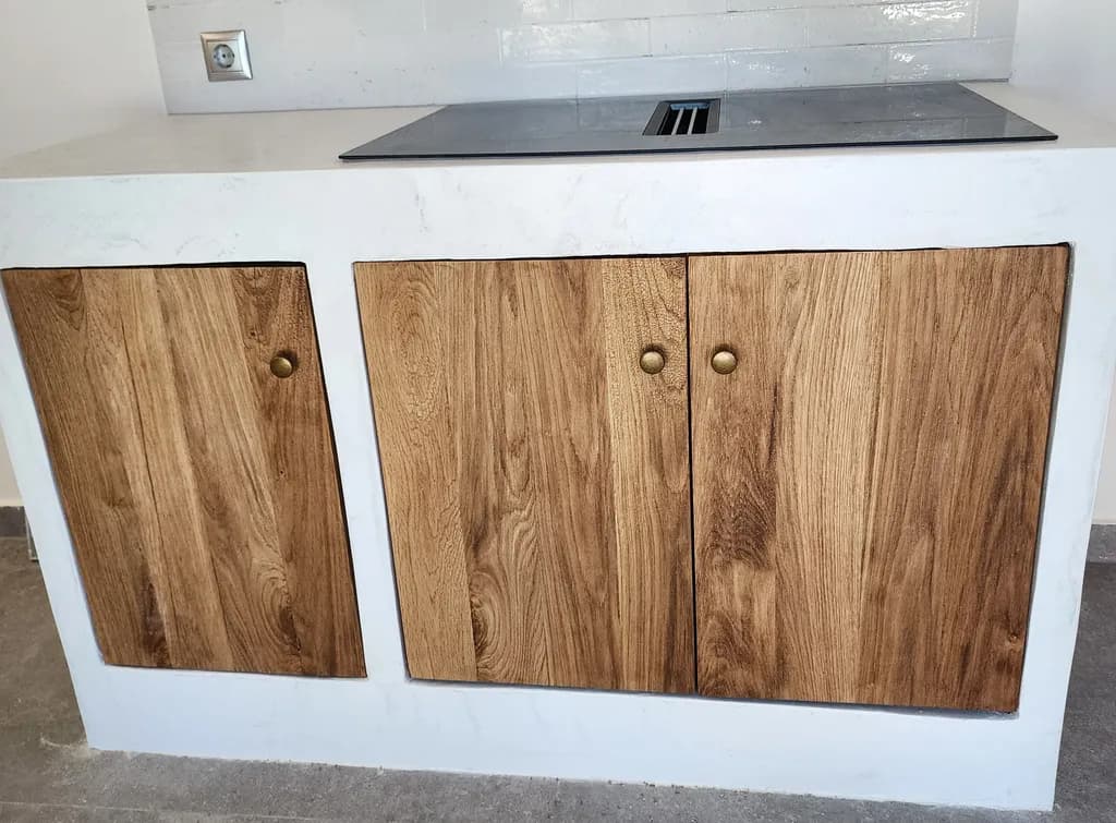 Elegant Minimalist Kitchen Cabinet with Natural Wood Finish and Brass Accents