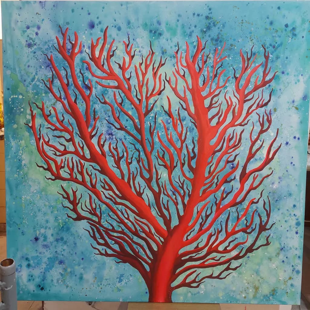 Coral Reverie: A Dance of Red and Blue in Abstract Harmony