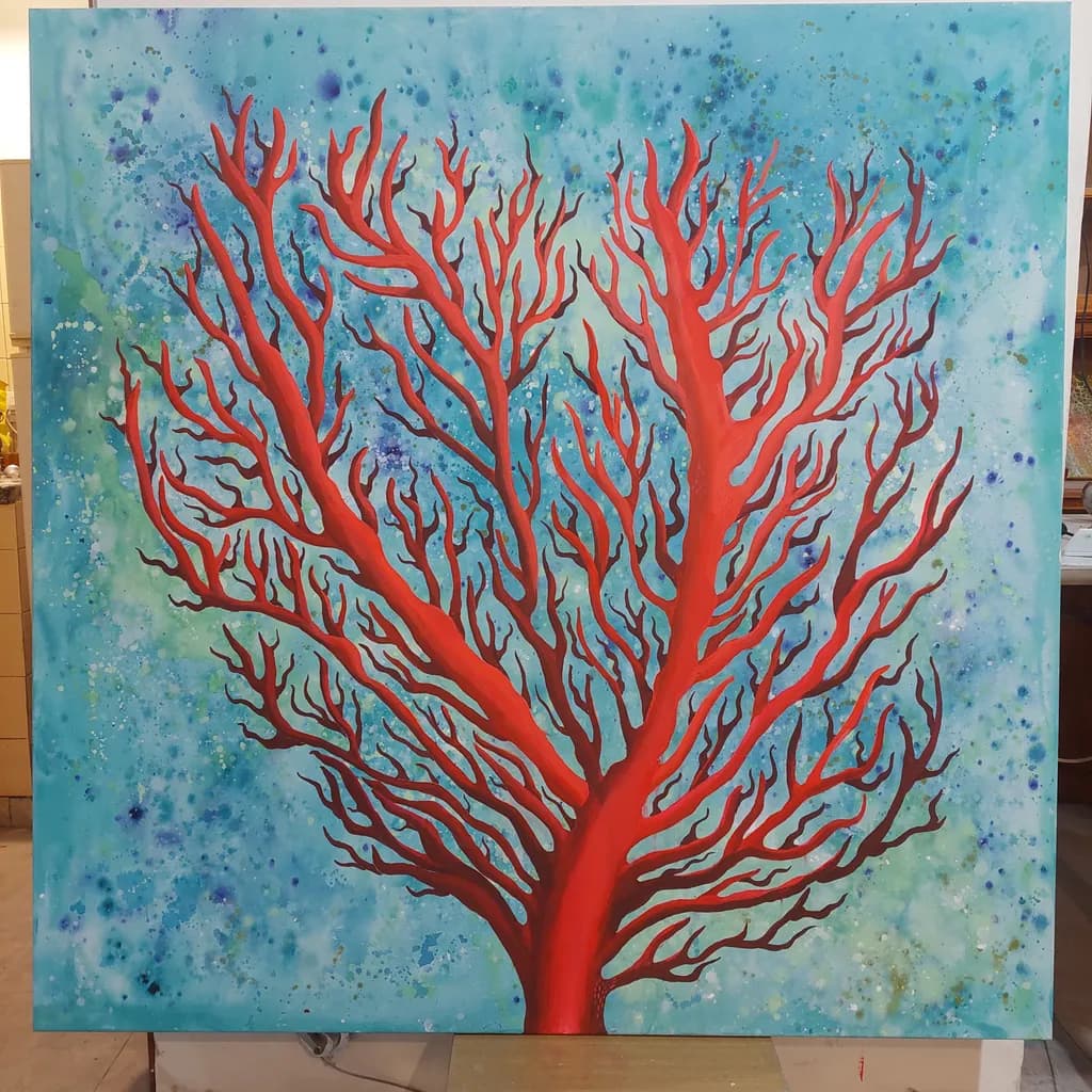 Coral Reverie: A Dance of Red and Blue in Abstract Harmony