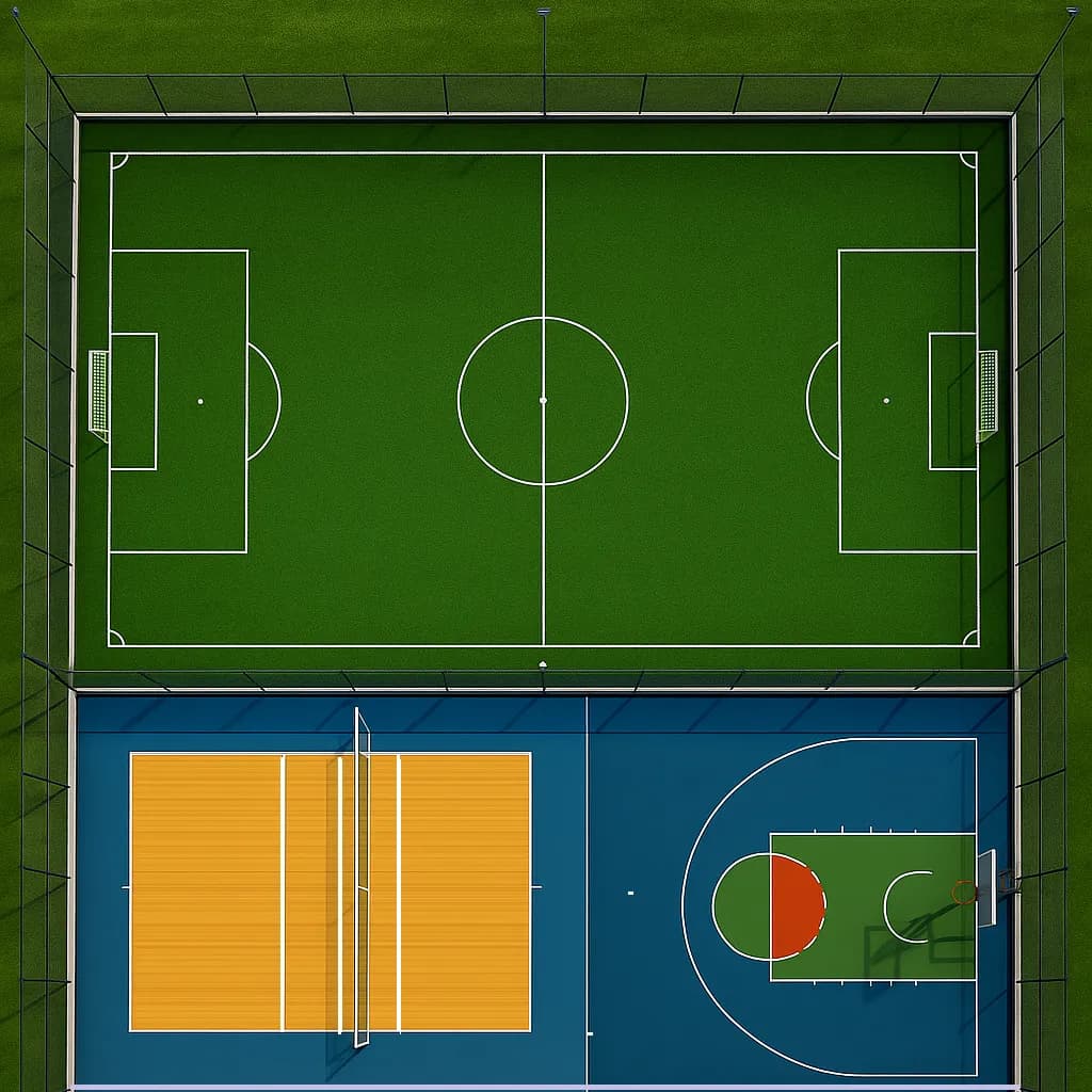 Dynamic Sports Arena: Aerial View of Multi-Game Courts for Soccer, Basketball, and Volleyball