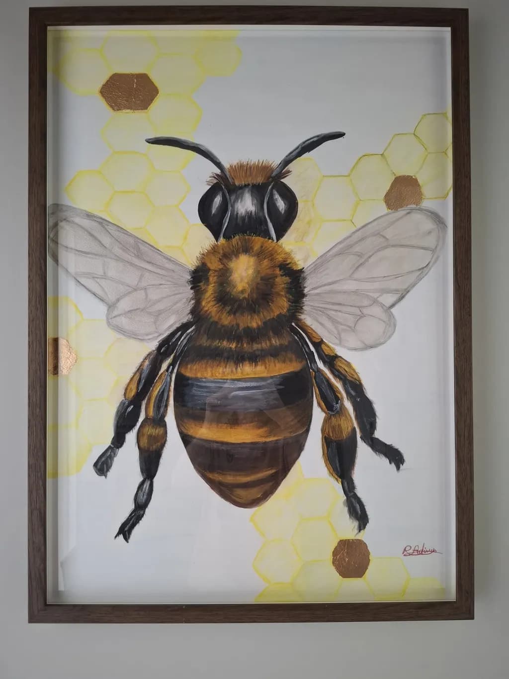 Golden Harmony: A Detailed Study of a Bumblebee Among Honeycomb