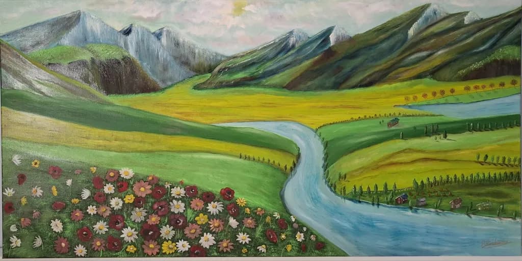 Whispers of Nature: A Serene Landscape of Mountains and Meadows