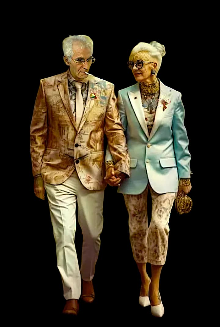 Elegant Stroll: A Stylish Couple in Formal Attire Embracing Timeless Romance