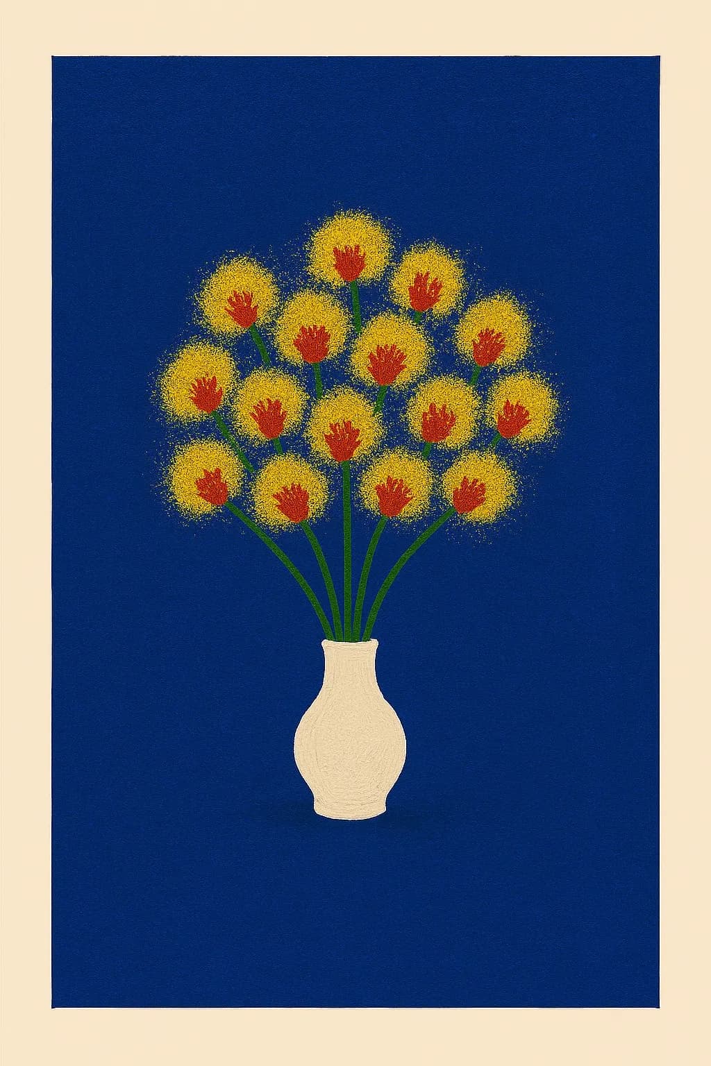 Vibrant Blooms: A Colorful Abstract Floral Arrangement in a White Vase