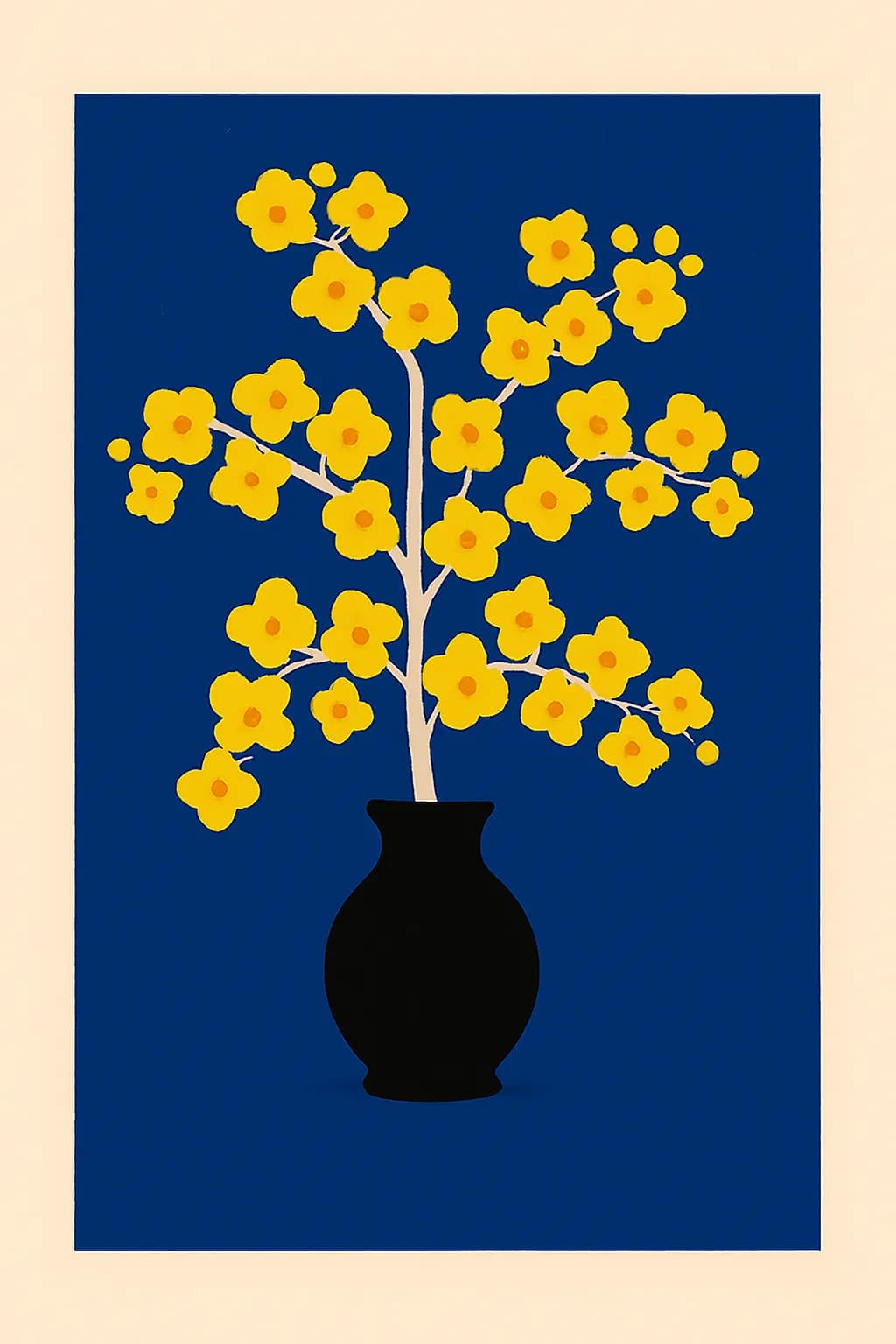 Vibrant Yellow Blooms in a Minimalist Black Vase Against a Deep Blue Canvas