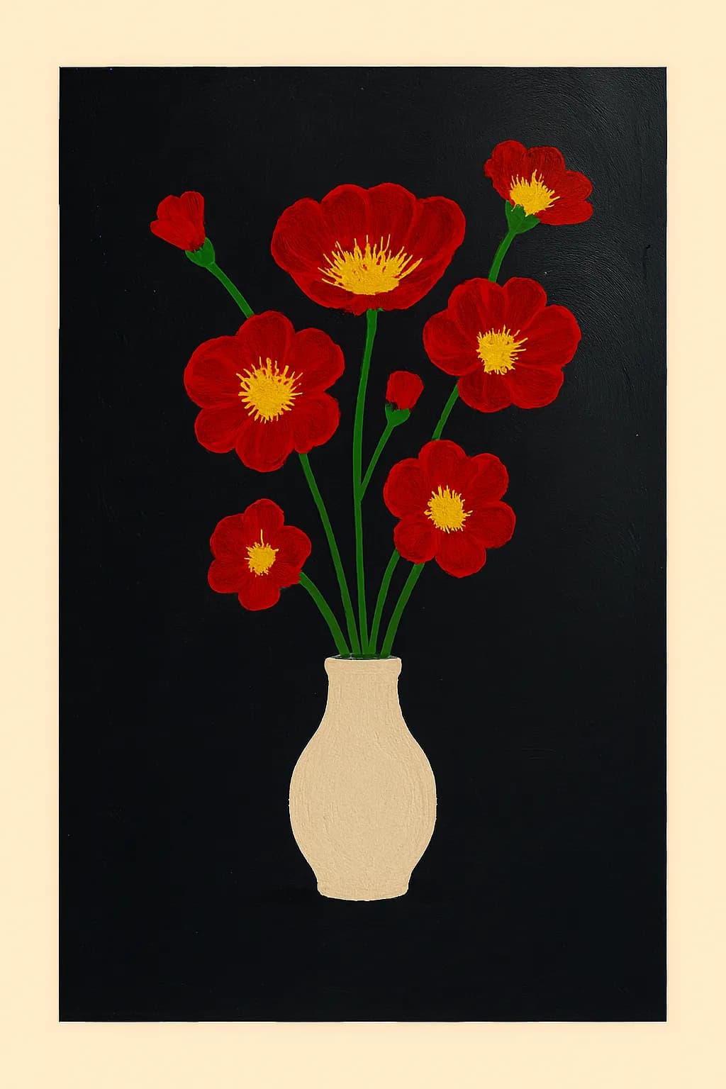 Vibrant Blooms: A Playful Dance of Red Flowers in a Simple Vase