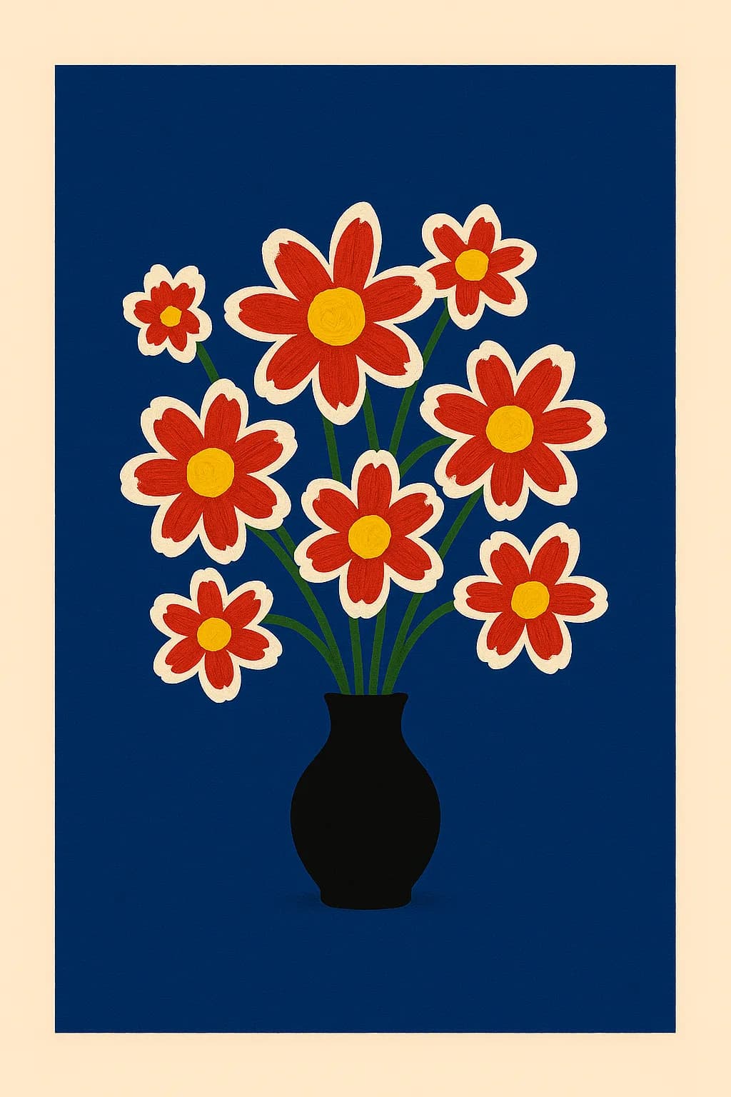 Vibrant Blooms: A Playful Dance of Red Flowers in a Blue Vase