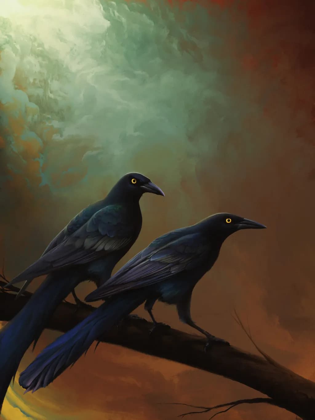 Whispers of Twilight: Two Grackles in a Dreamy Sky