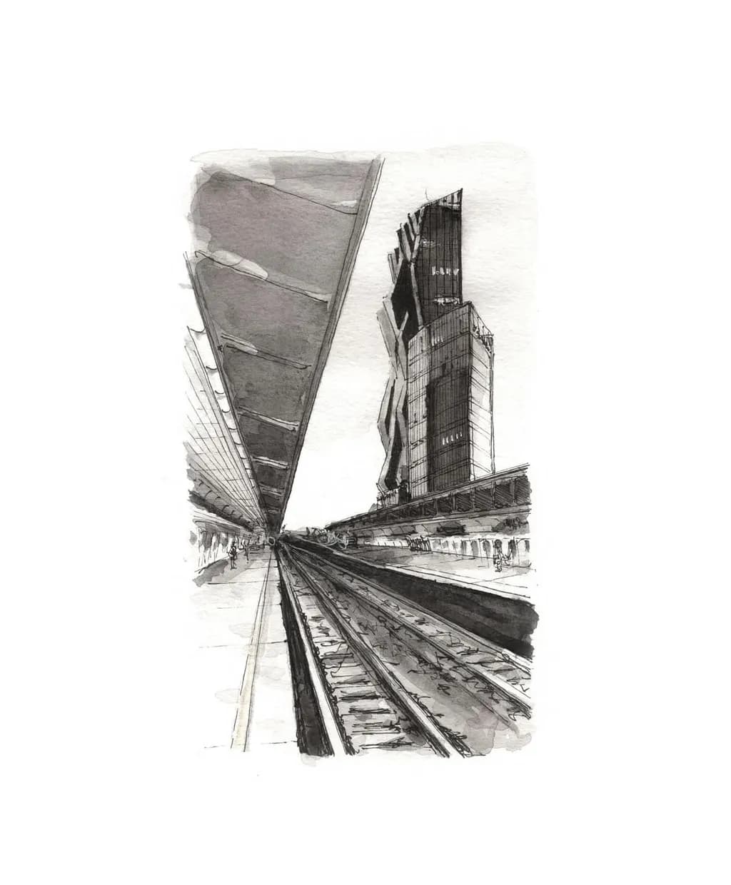 Urban Symphony: A Monochrome Journey Through Modern Architecture and Railway Lines