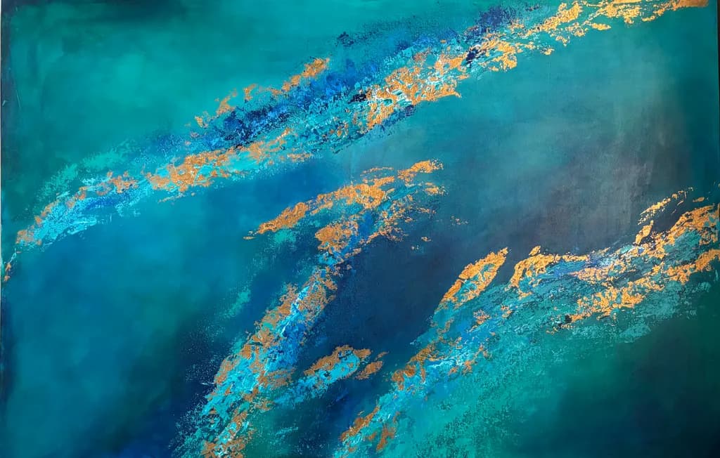 Oceanic Whispers: A Dance of Turquoise and Gold in Abstract Harmony