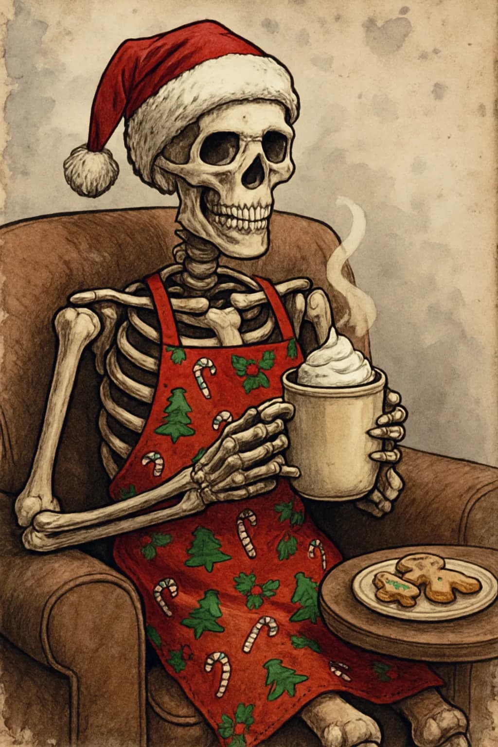 Festive Bones: A Cheerful Skeleton Sipping Hot Cocoa in a Christmas Apron