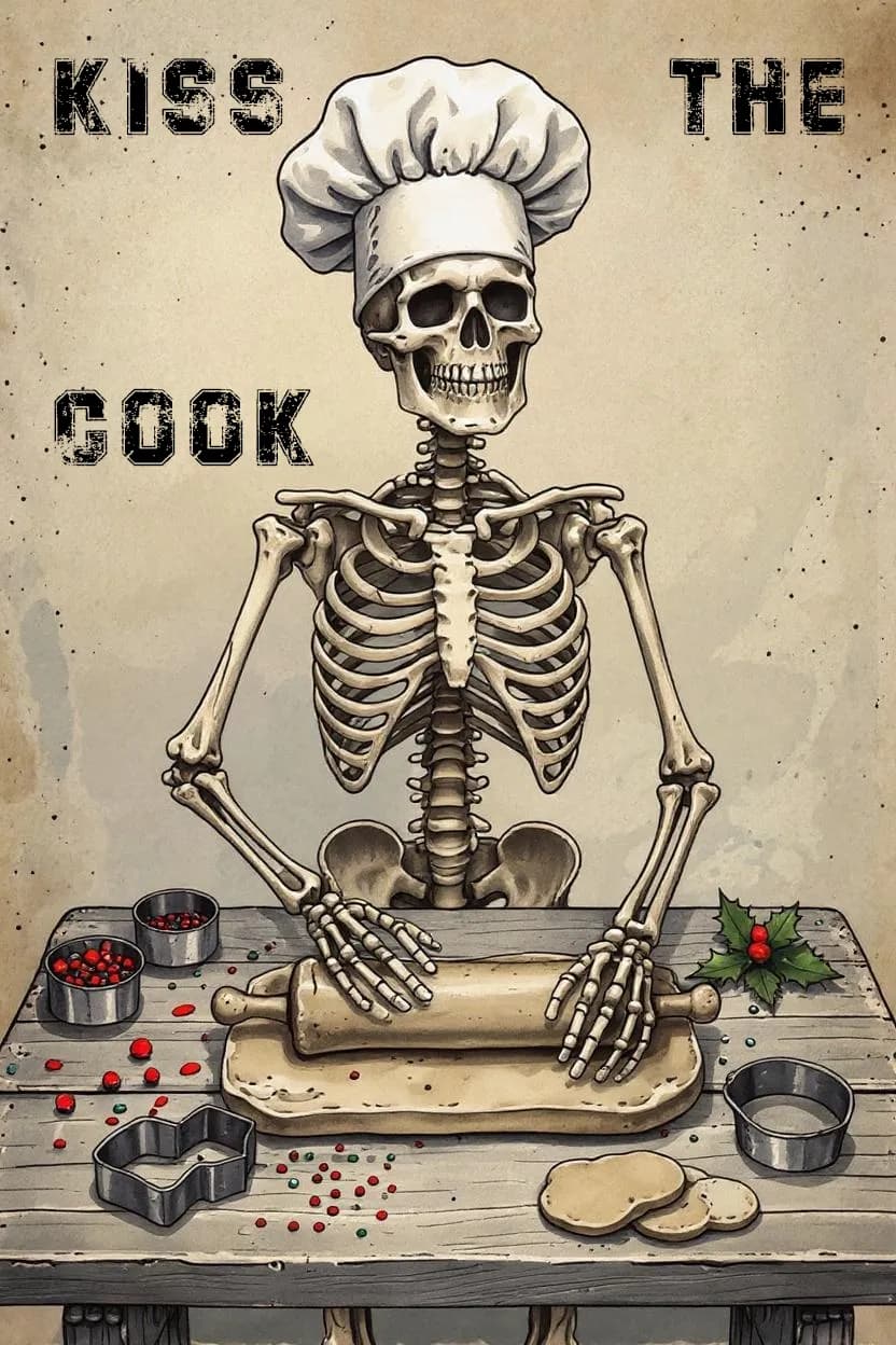 Kiss the Cook: A Whimsical Skeleton Chef Rolling Dough for the Holidays