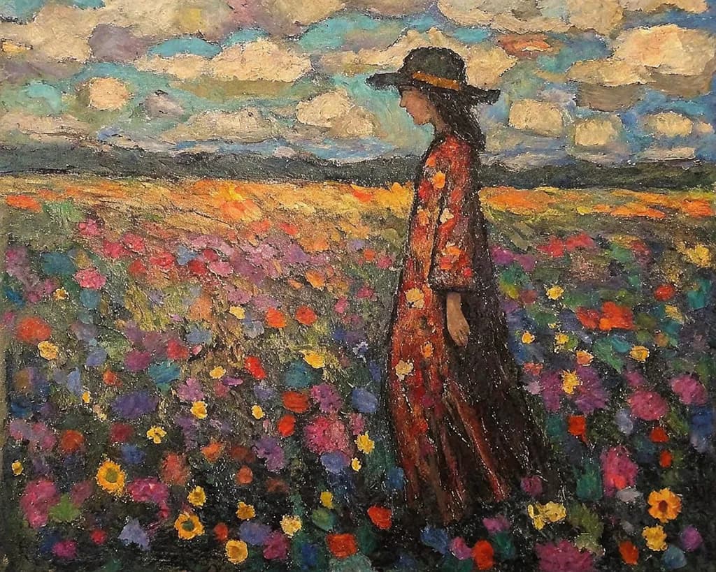 Whispers of Color: A Woman's Journey Through a Vibrant Floral Landscape