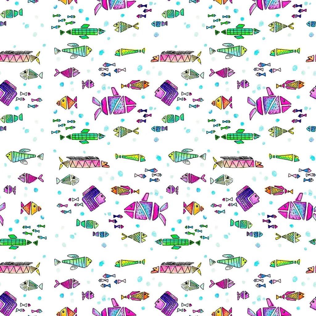 Whimsical Underwater Dance: A Colorful School of Fish in Playful Patterns