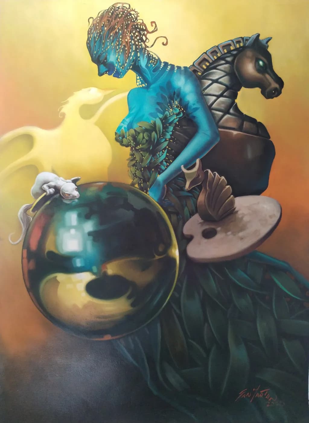 Blue Figure with Chess Horse and Sphere
