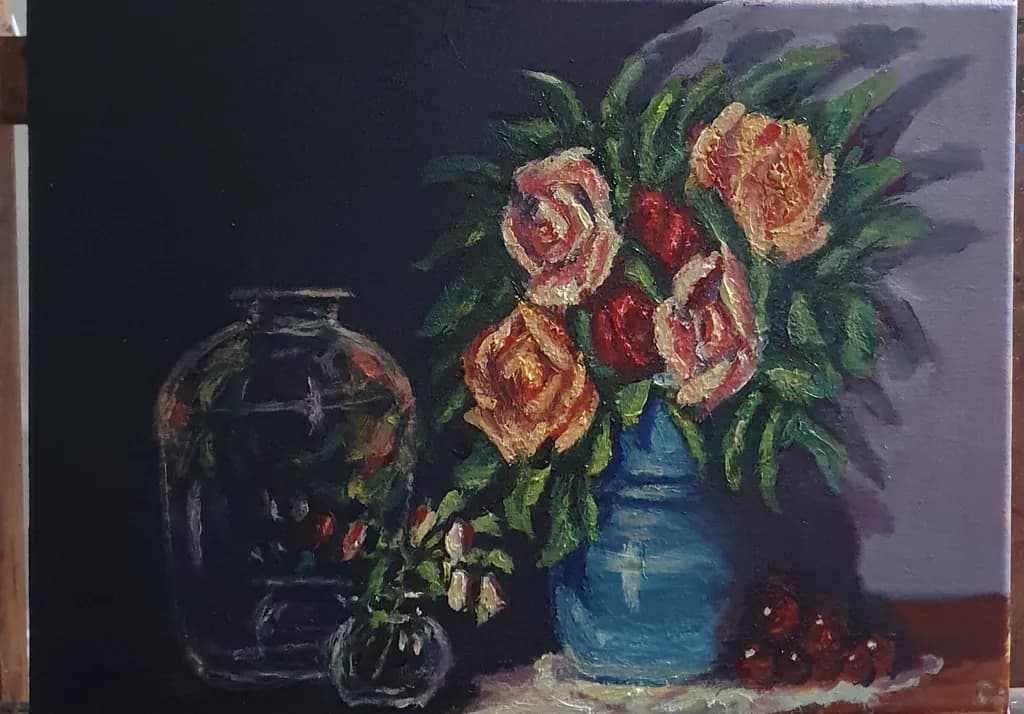 Whispers of Color: A Vibrant Bouquet in Blue Vase