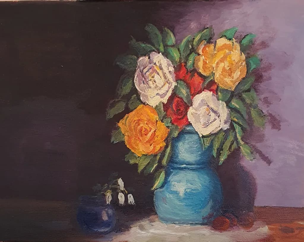 Vibrant Blossoms: A Colorful Bouquet in Blue Vase
