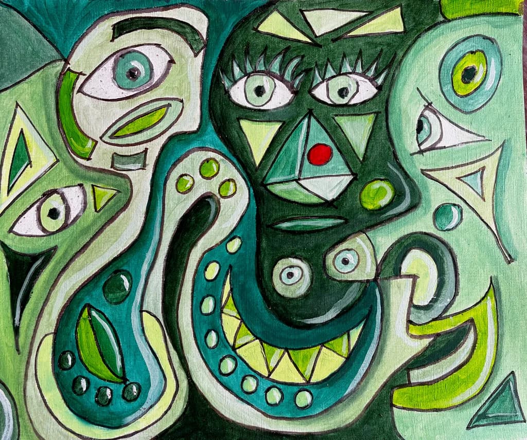 Whimsical Faces: A Dance of Shapes and Colors in Green Tones