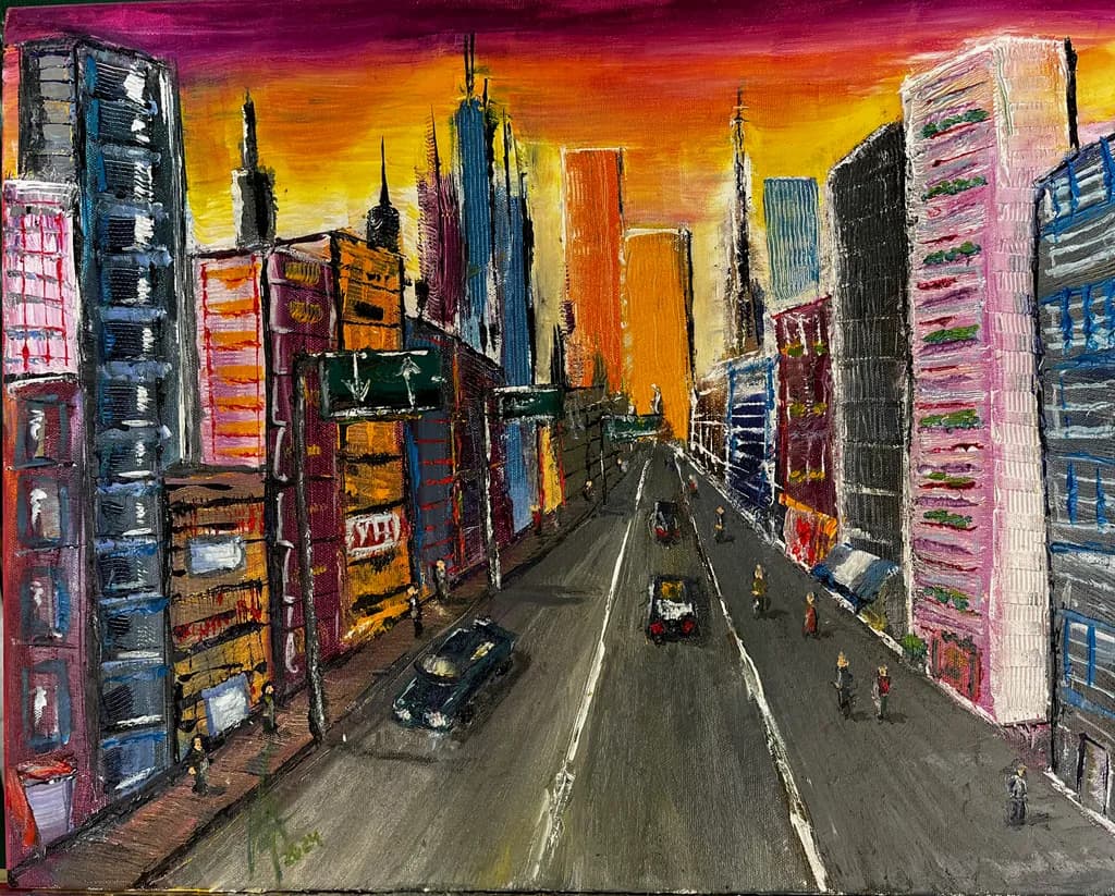 Vibrant Urban Sunset: A Dynamic Cityscape in Motion